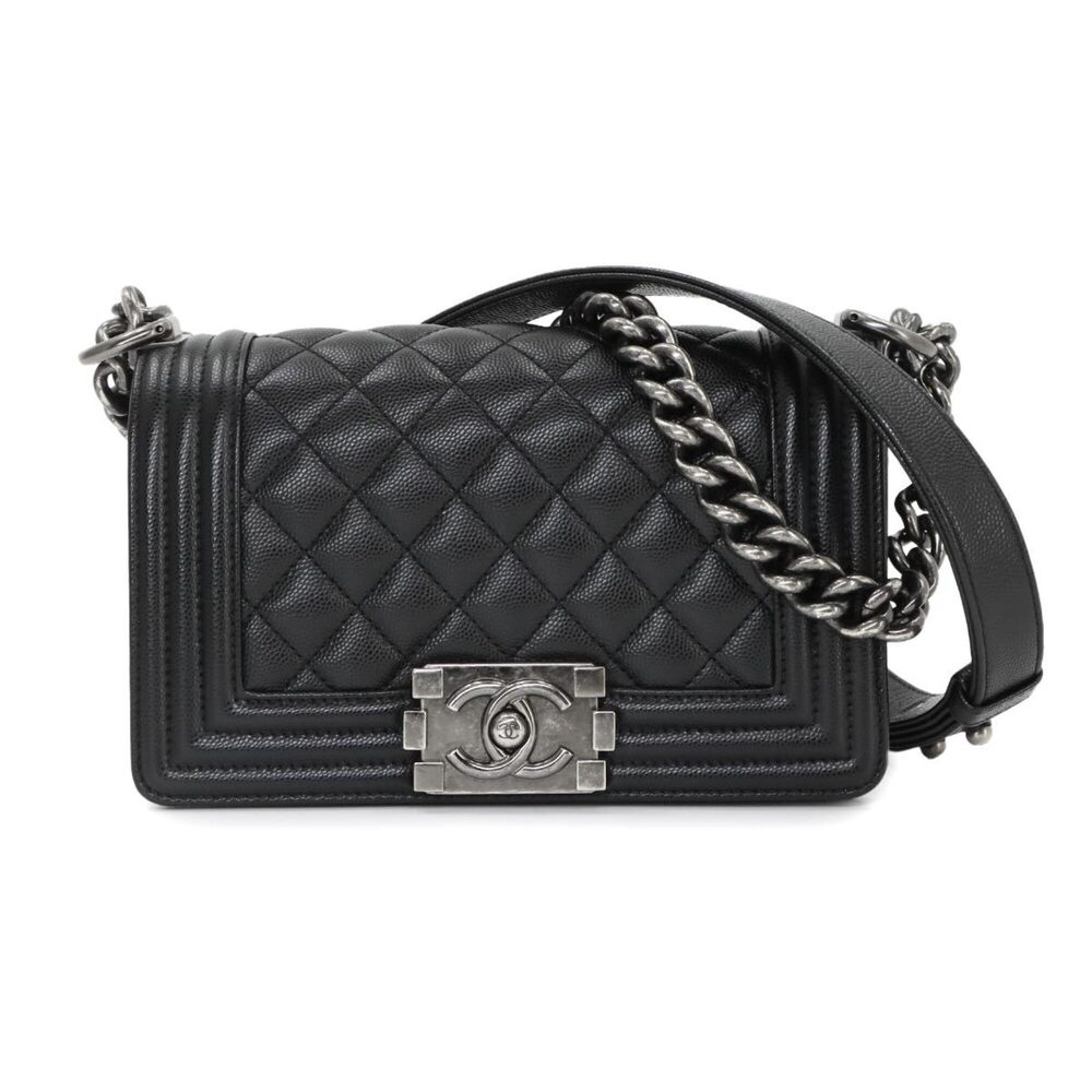 Chanel Boy Small Chain Shoulder Handbag, Caviar Leather, Black, A67085, Silve...